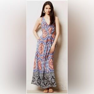Anthropologie Maeve Medallion Print Cut-out V-neck Silk Maxi Dress | Size 0